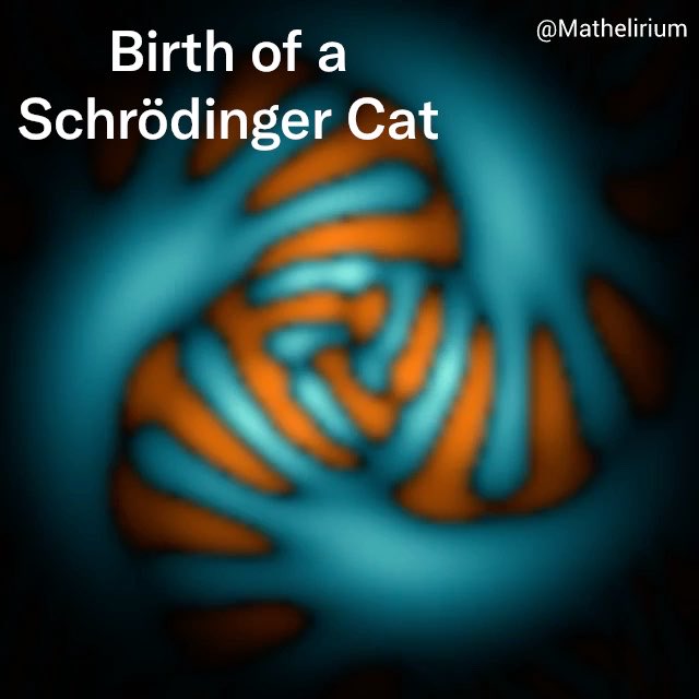 An abstract, blurred blue and orange image titled 'Birth of a Schrödinger Cat' by @Mathelirium, showing a swirling, glowing form on a dark background.
