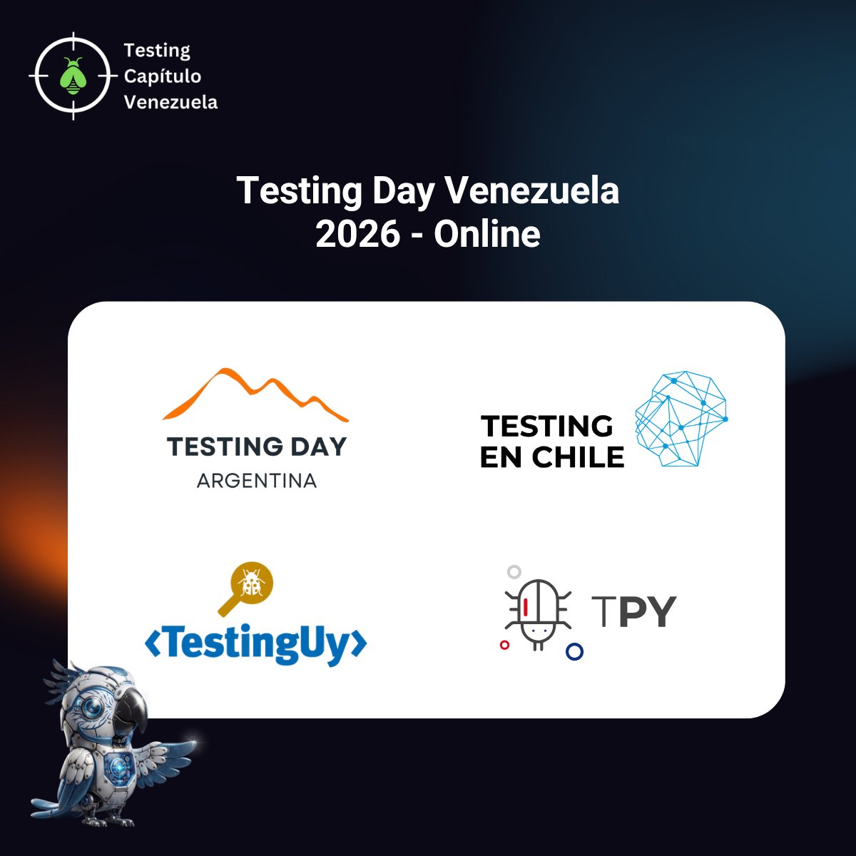 TestingVe's tweet photo. 🤝 Southern Cone joins Testing Day Venezuela 2026! 🇦🇷🇨🇱🇺🇾🇵🇾

Allied partners:
🔹 @TestingDayArg
🔹 @TestingenChile 
🔹 @testingUY 
🔹 @TestingPY

Join as a partner? DM us 📩
🗓️ Nov 24–28 | Online
🎟️ https://t.co/f6UpF1IGar

#TestingDayVe #TestingDay https://t.co/bm3JGVxUdE