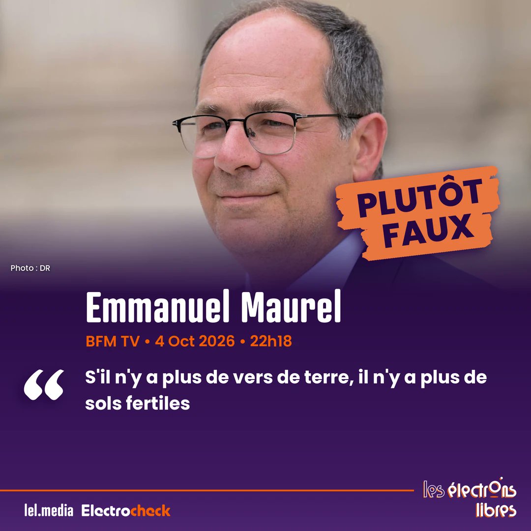 lel_media's tweet photo. ⚠️ PLUTÔT FAUX. Sur BFM TV, Emmanuel Maurel : « S'il n'y a plus de vers de terre, il n'y a plus de sols fertiles »

Si leur rôle d'ingénieurs du sol est majeur, l'Inrae rappelle que la fertilité est multifactorielle : elle dépend aussi de milliards de bactéries, de champignons ou d'enchytréides. Des milieux dépourvus de vers de terre, comme les forêts boréales ou les sols très acides, demeurent d'ailleurs fertiles.

#Electrocheck
source : https://t.co/uvKyx7n9PR