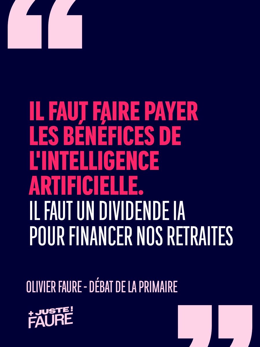 avecfaure2027's tweet photo. « Il faut faire payer les bénéfices de l'intelligence artificielle. Il faut un dividende IA pour financer nos retraites. »

#AvecFaure2027
#VousPrésident
#BFM
#PrimaireDeGauche https://t.co/kVvlAuXbUk