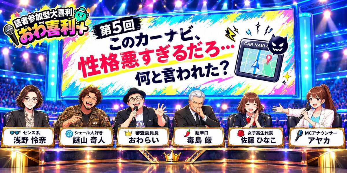 escape_owarai's tweet photo. 「おわ喜利」第5回、お題発表！

【お題】
このカーナビ、性格悪すぎるだろ…何と言われた？

▼参加方法
引用リポストして、以下の形式で回答！

※以下をコピーして使用
ーーーーーーーーーー
名前:(10文字以内)
回答:(30文字以内)
#おわ喜利5
ーーーーーーーーーー

締切は10/8（木)21:00です。 https://t.co/iVtUwhVFFW