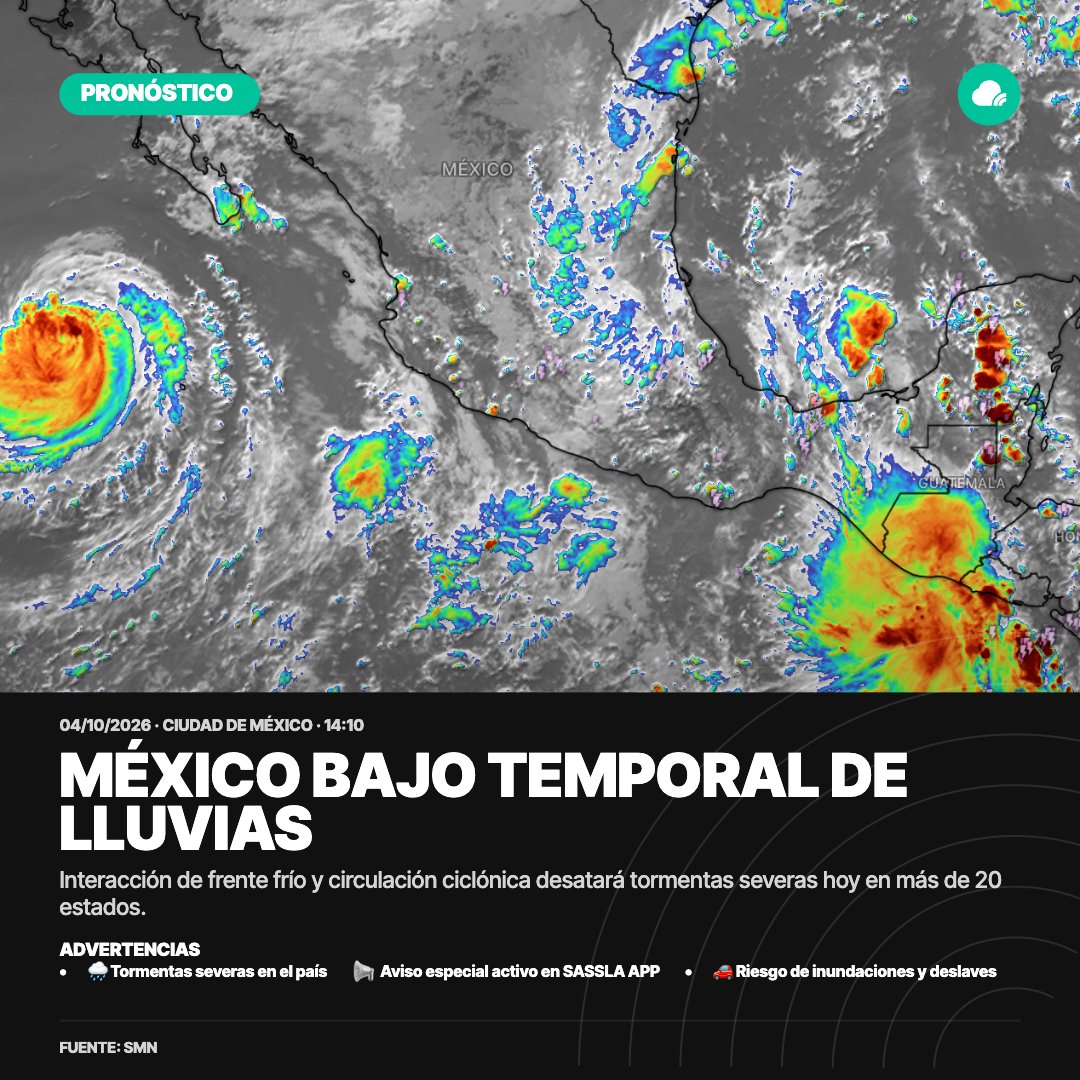 SasslaClimaMx's tweet photo. #Reportando 🛰️ | Temporal de Lluvias en gran parte de #México por la interacción de múltiples sistemas ❄️⛈️
⚠️ ESTADOS CON PRESENCIA DE LLUVIA:
• 🚨 LO MÁS INTENSO: #NL, #Tamps, #SLP, #Hgo, #Ver, #Oax, #Chis y #Tab
1/3 https://t.co/2e7Au4EXrF