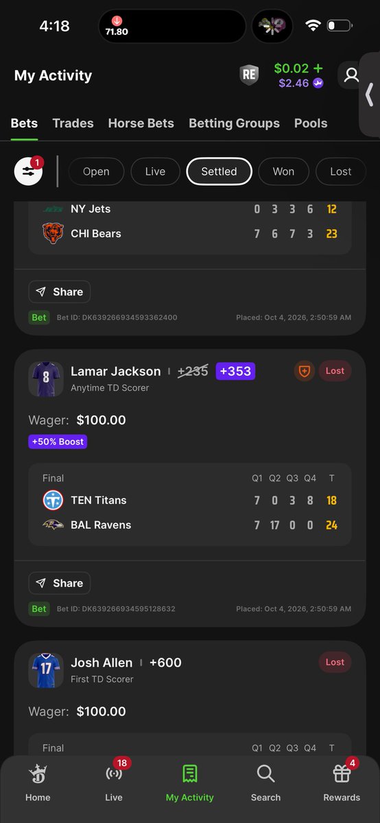 ImmortalSports1's tweet photo. @DK_Assist Why is he showing as a loss? https://t.co/GQF4yY1gaW