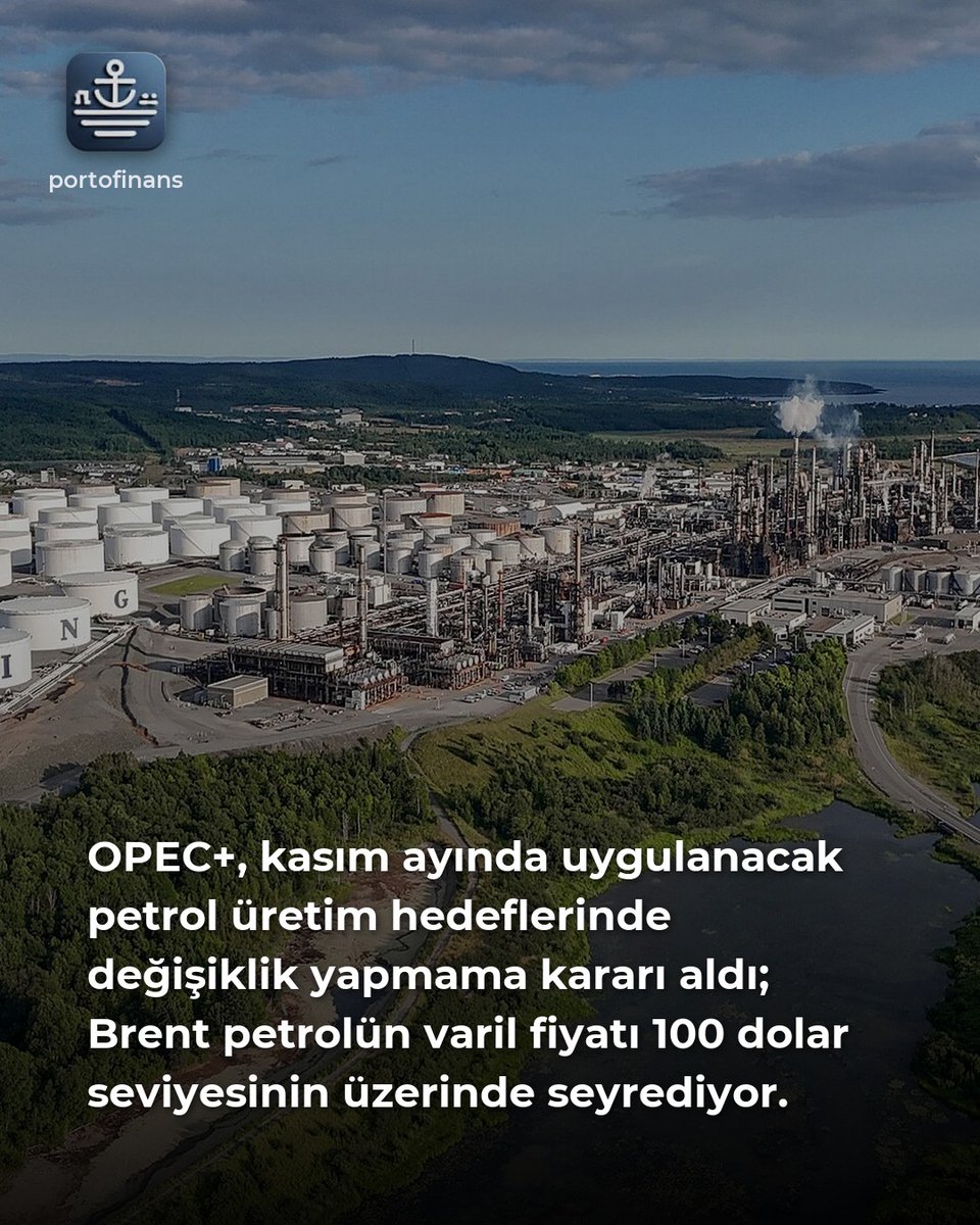 portofinans's tweet photo. OPEC+, kasım ayında uygulanacak petrol üretim hedeflerinde değişiklik yapmama kararı aldı. Körfez'de üretim ve ihracat normalin altında seyrederken Brent petrolün varil fiyatı 100 dolar seviyesinin üzerinde. #OPEC #Petrol https://t.co/MeXTG5z9SF
