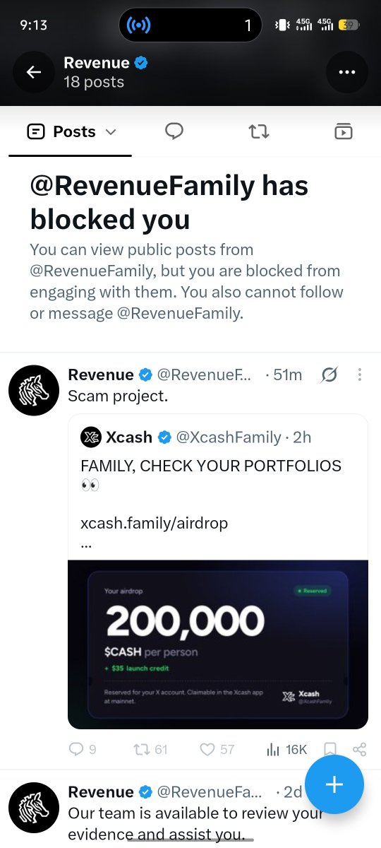 99cryptoAi's tweet photo. @RevenueFamily blocked me for this 👇

You called @XcashFamily a "scam project" but you have 18 posts, a verified badge, and you block anyone who asks questions?

If you're legit, answer the questions. Blocking is what scam projects do. https://t.co/XwA3wLX3Wk