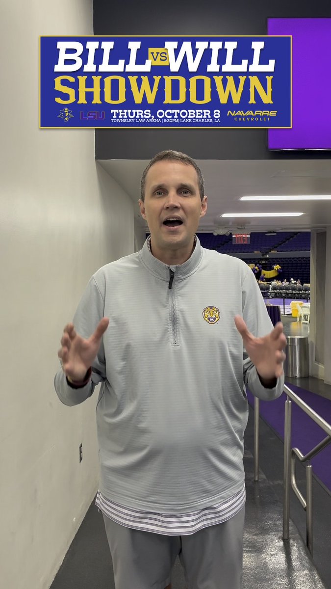 A man in a gray LSU quarter-zip pullover stands in a hallway gesturing toward the camera, with a "Bill vs Will Showdown" graphic displayed above him on Thursday, October 8 at the Townsley Law Arena in Lake Charles, LA. The image promotes Platinum Club seats for fans to hear from Bill and Will pregame at the upcoming matchup.