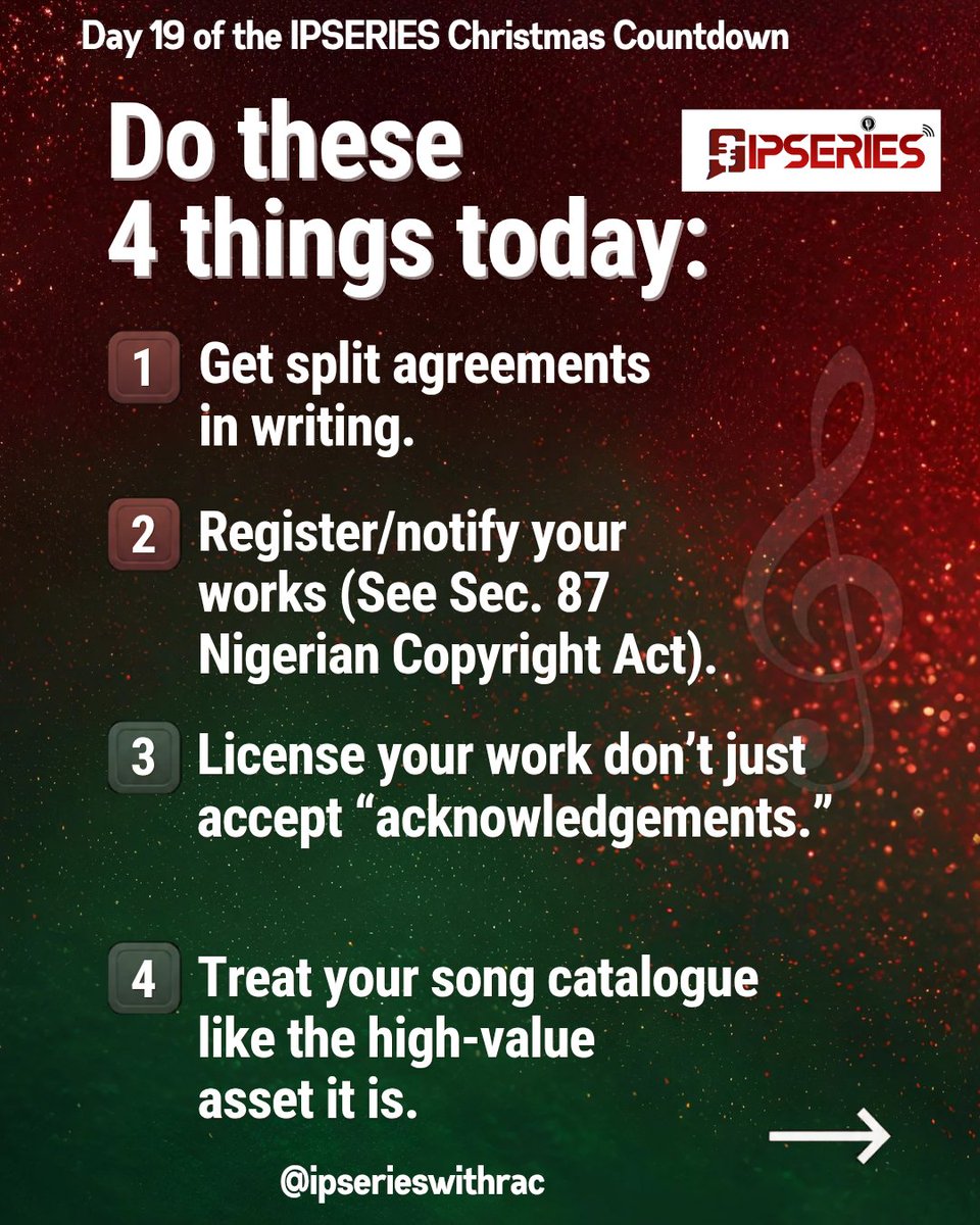 IPSERIESwithRAC's tweet photo. Quick Rights Checklist: 
1. Lyrics documented 
2. Ownership recorded 
3. Masters secured 
4. Publishing understood 
5. Registration considered where appropriate

God gives the gift. Stewardship preserves the legacy.
#ipseries #musicbusiness https://t.co/fSowco7CIv