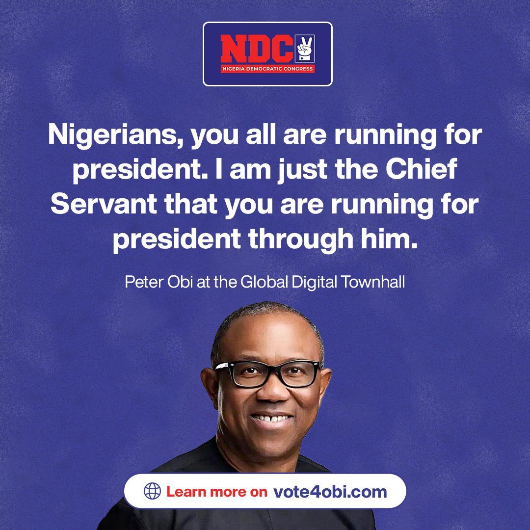 Vote4OK2027's tweet photo. "You are the ones running for president. He is only the Chief Servant carrying your mandate."

 This movement belongs to you. 💙

Tag 3 people who are running with you. Then join them at:  https://t.co/F5gWA6avT9

#NDC #Vote4Obi #MyTwentyVotersForObiKwankwaso https://t.co/VwJJ5XFTcg