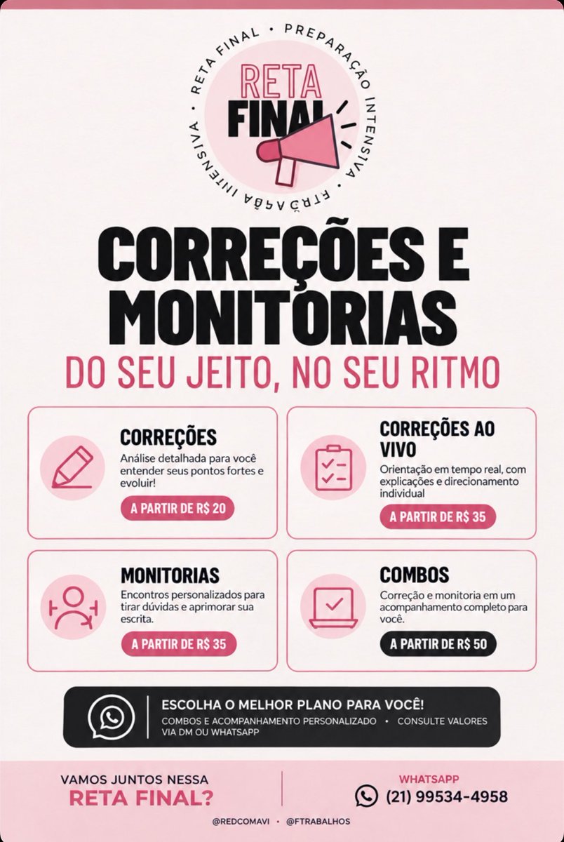 FTRABALHOS's tweet photo. Vamos falar de redação?
Ainda precisando de auxílio nessa reta final?
-> Estamos aqui pra te auxiliar com correções, aula e monitorias detalhadas pra te ajudar a alcançar o 900+
Vem!

WhatsApp: (21) 99534-4958 https://t.co/JDwbpEvgoO