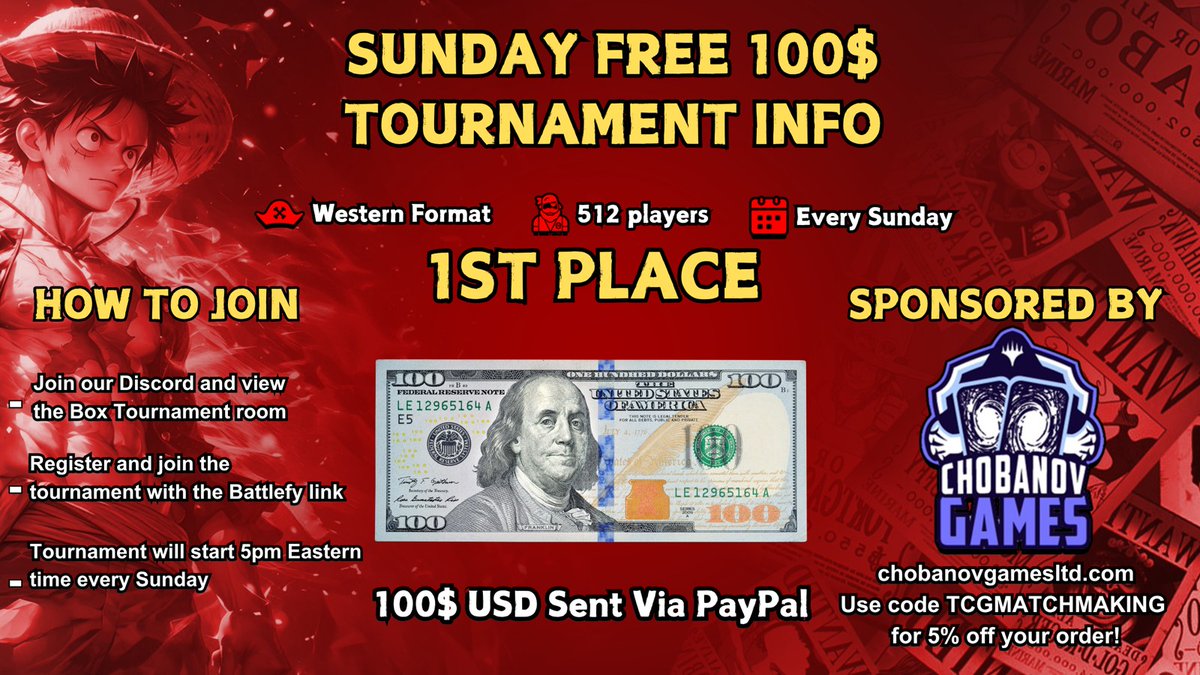 TCGMatchMaking's tweet photo. 🚨 30 MINUTES — the FREE $100 Cash Tournament #111 fires at 5PM Eastern!
⚔️ 512-player single elim | 💰 $100 to the champ

📝 Last chance to register:
https://t.co/UZIFdB9wNN

🔑 Yonko first month is $10 until Sep 8:
https://t.co/vyqKYWLMGX

❓ Questions? Join the Discord:
https://t.co/MOXPLrL3gC

#OPTCG