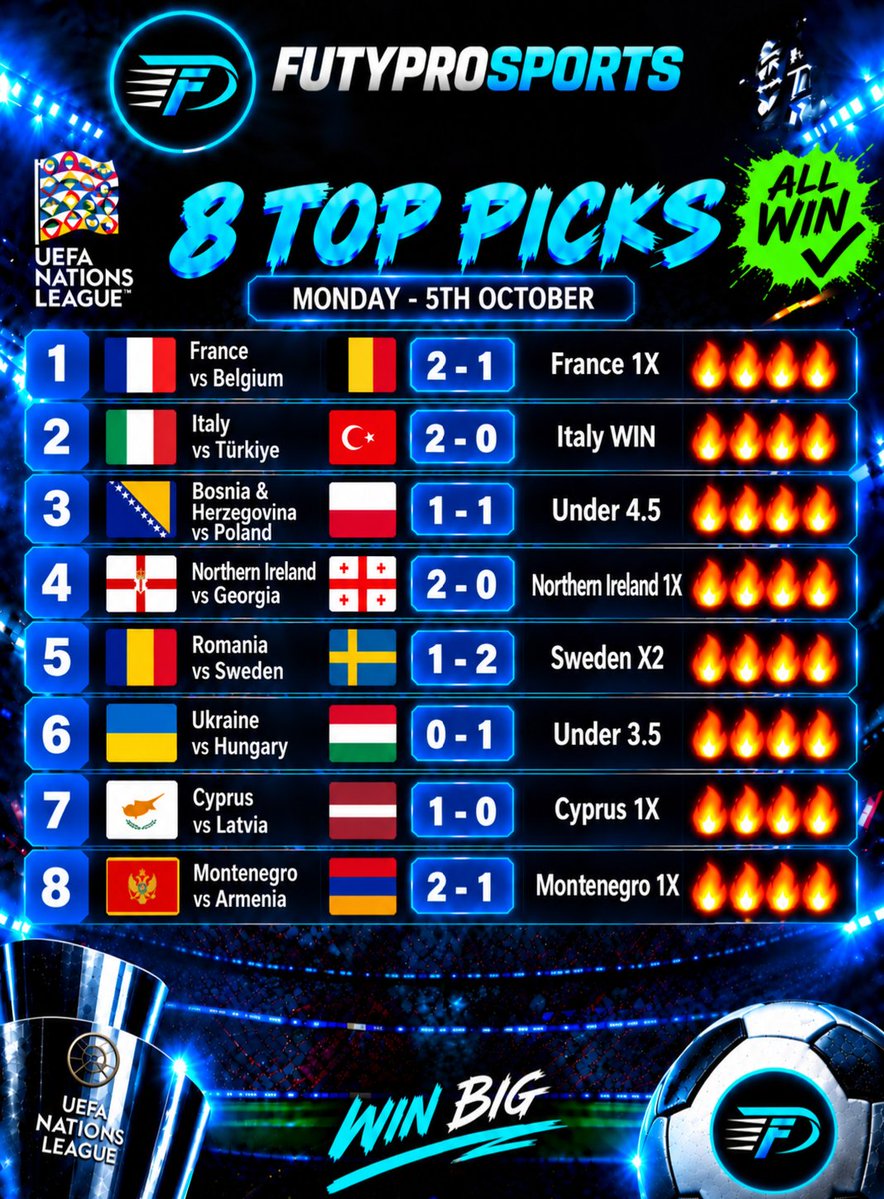 futypro's tweet photo. MONDAY 5th October. Don't miss it 💪⚽️

🇫🇷 FRANCE — 1X
🇮🇹 ITALY — WIN
🇧🇦 BOSNIA vs POLAND 🇵🇱 — UNDER 4.5
🇬🇧 NORTHERN IRELAND — 1X
🇸🇪 SWEDEN —  X2
🇺🇦 UKRAINE vs HUNGARY 🇭🇺 — UNDER 3.5
🇨🇾 CYPRUS — 1X
🇲🇪 MONTENEGRO — 1X
https://t.co/NCYmBMdMNO
Good Luck, share to others ⚽️🔥🔥✅️ https://t.co/wegRRLdpxe