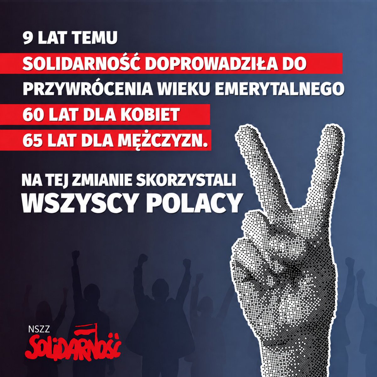 FPSolidarnosci's tweet photo. ✌️ Na tej zmianie skorzystali wszyscy Polacy! Dzięki Solidarności 1 października 2017 roku wiek emerytalny został przywrócony do poziomu 60 lat dla kobiet i 65 lat dla mężczyzn. https://t.co/oSikpqQ4dH