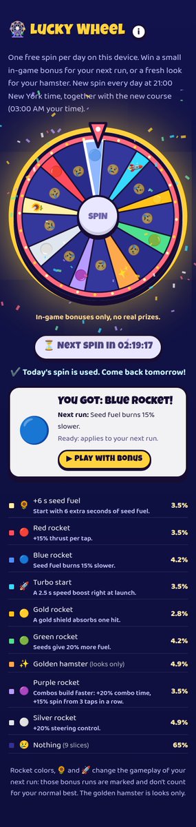HamsterRocketX's tweet photo. Blue rocket sips less fuel each climb. Spin the daily lucky wheel then chase Arena highscores free. https://t.co/goiKgnNF4e CA 5sb9aaWJvrpUWhhkHt3yqv4LAeXuUpU4MqWCbQoMpump @pumpdotfun #HamsterRocket #memecoin #Solana https://t.co/XrnUrlGPBB