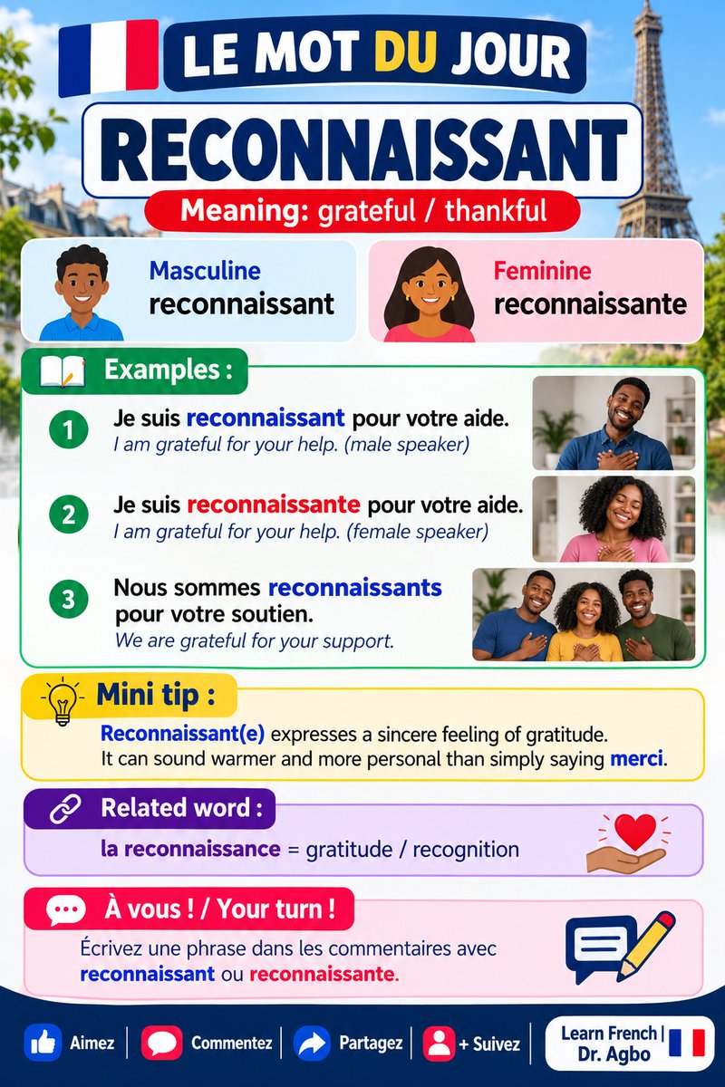 James2020Agbo's tweet photo. 🇫🇷 Le mot du jour : RECONNAISSANT(E) 🙏
Apprenez à exprimer votre gratitude en français !
💬 Et vous, de quoi êtes-vous reconnaissant(e) aujourd’hui ? 👇
#LearnFrench #MotDuJour #FrenchWithDrJamesAgbo https://t.co/iASlVZUhOc