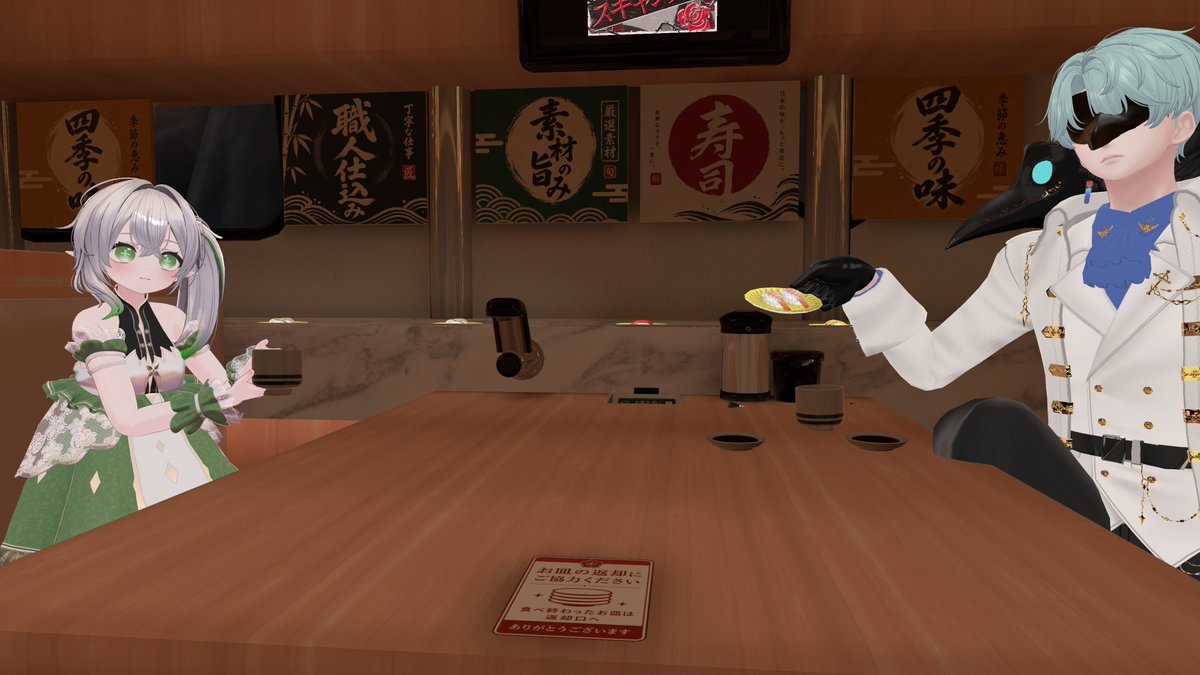 fool_2212's tweet photo. ❶フレンドのクラクサナリデビと回転寿司に来たぞ、ここの看板メニューを食べないのか？ほれ草神よこれも食え　あ～んしてやろう
❷❸お茶を飲むタル https://t.co/XsLDV8f8Dg