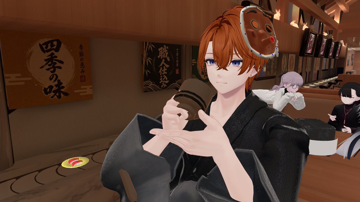 fool_2212's tweet photo. ❶フレンドのクラクサナリデビと回転寿司に来たぞ、ここの看板メニューを食べないのか？ほれ草神よこれも食え　あ～んしてやろう
❷❸お茶を飲むタル https://t.co/XsLDV8f8Dg