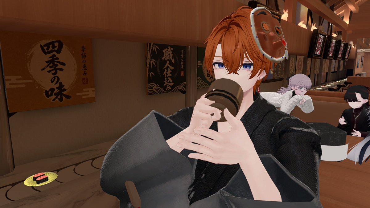 fool_2212's tweet photo. ❶フレンドのクラクサナリデビと回転寿司に来たぞ、ここの看板メニューを食べないのか？ほれ草神よこれも食え　あ～んしてやろう
❷❸お茶を飲むタル https://t.co/XsLDV8f8Dg