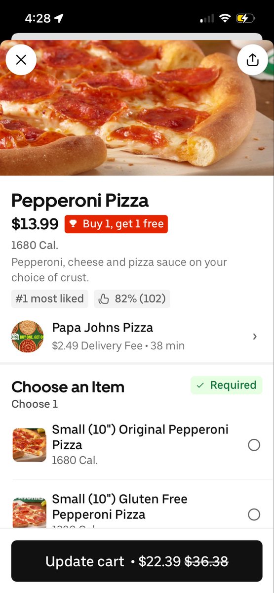 Geeq013's tweet photo. @UberEats  hey I need you to explain your math . If a pepperoni pizza is 13.99 and  New York style is an addition 2.70 plus Canadian bacon is 1.50 the total would be 18.19 before tax and 19.25 after tax how did you get 22.39  is a difference of 4.20… so tell me how?? https://t.co/rcrb6PSoDE
