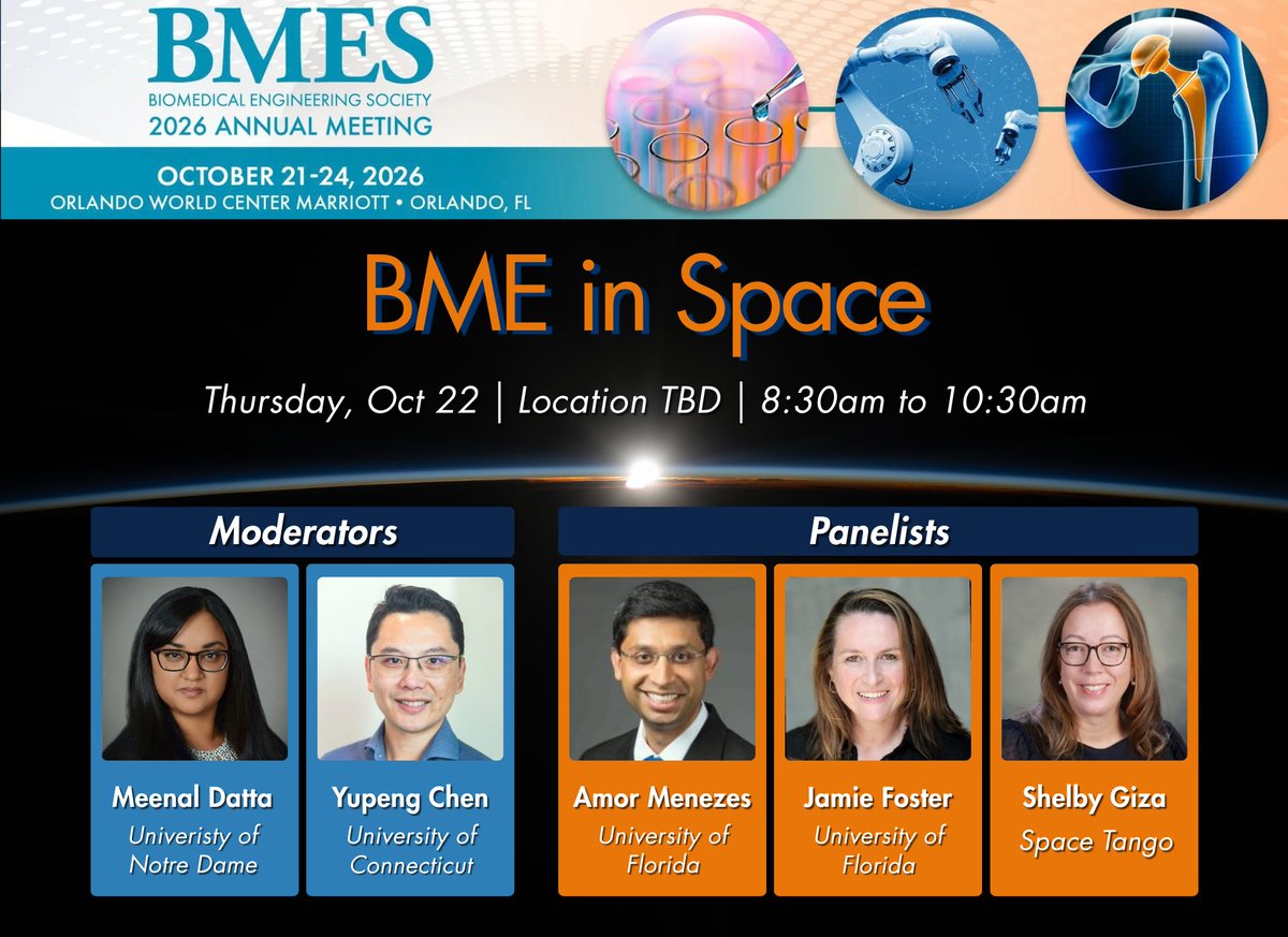 NDBioeng's tweet photo. It's #WorldSpaceWeek!  🚀

If you’re heading to #BMES2026 be sure to catch BioE’s very own @DattaScientist at the "BME in Space" panel on October 22nd with space research leaders, Dr. Yupeng Chen, Dr. Amor Menezes, Dr. Jamie Foster, and @space_tango Director, Shelby Giza. https://t.co/rYtKwIyfPt