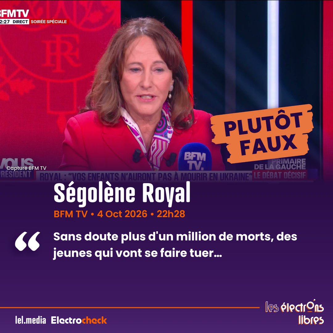 lel_media's tweet photo. ⚠️ PLUTÔT FAUX. Sur BFM TV, Ségolène Royal affirme : « Sans doute plus d'un million de morts ».

Ce bilan confond les personnes décédées avec le total des pertes (tués, blessés et disparus). Si des centres d'études comme le CSIS évaluent à plus d'un million les combattants mis hors de combat, le nombre effectif de morts des deux côtés est estimé entre 250 000 et 450 000.

#Electrocheck
source : https://t.co/DqSqAitUfI