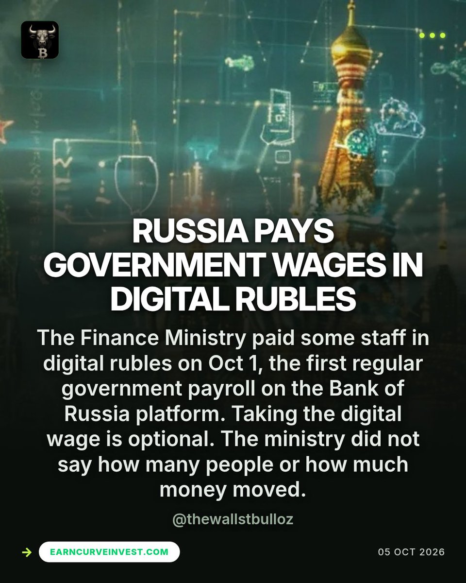 thewallstbulloz's tweet photo. RUSSIA PAYS GOVERNMENT WAGES IN DIGITAL RUBLES
Russia paid some Finance Ministry staff in digital rubles, the first government payroll on the central bank platform. It is optional, and the ministry did not say how much moved. @thewallstbulloz
#Crypto #CBDC #DigitalRuble https://t.co/FuQ8JLrWHE
