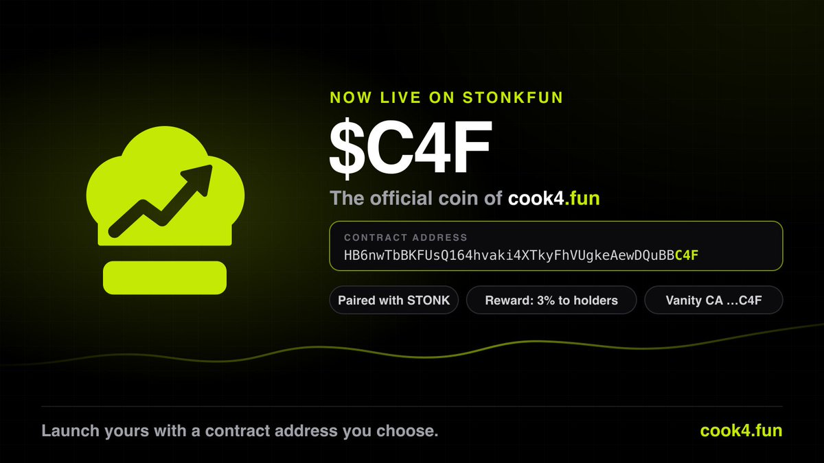 cook4funSF's tweet photo. We launched our own coin with our own launchpad.

$C4F is live 🍳

CA: HB6nwTbBKFUsQ164hvaki4XTkyFhVUgkeAewDQuBBC4F

Yes, it ends in C4F. Yours can end in your ticker.

https://t.co/X5BfwzM5W5 https://t.co/I8cAnq0GyR