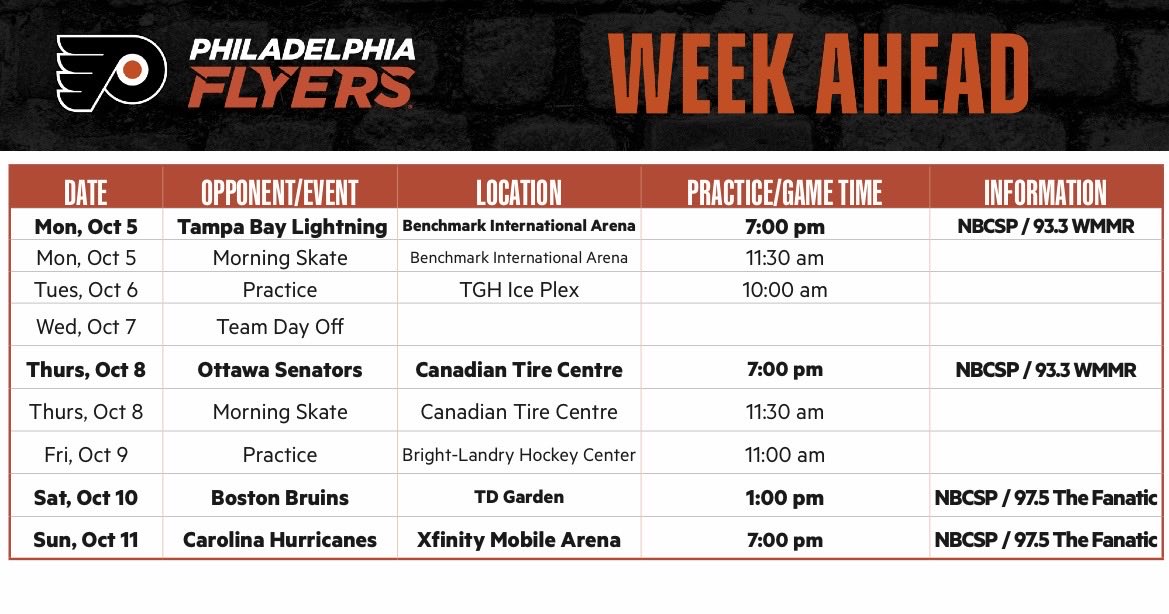 BroadStBull's tweet photo. The @NHLFlyers’ week ahead…. https://t.co/XouzTDRhs5