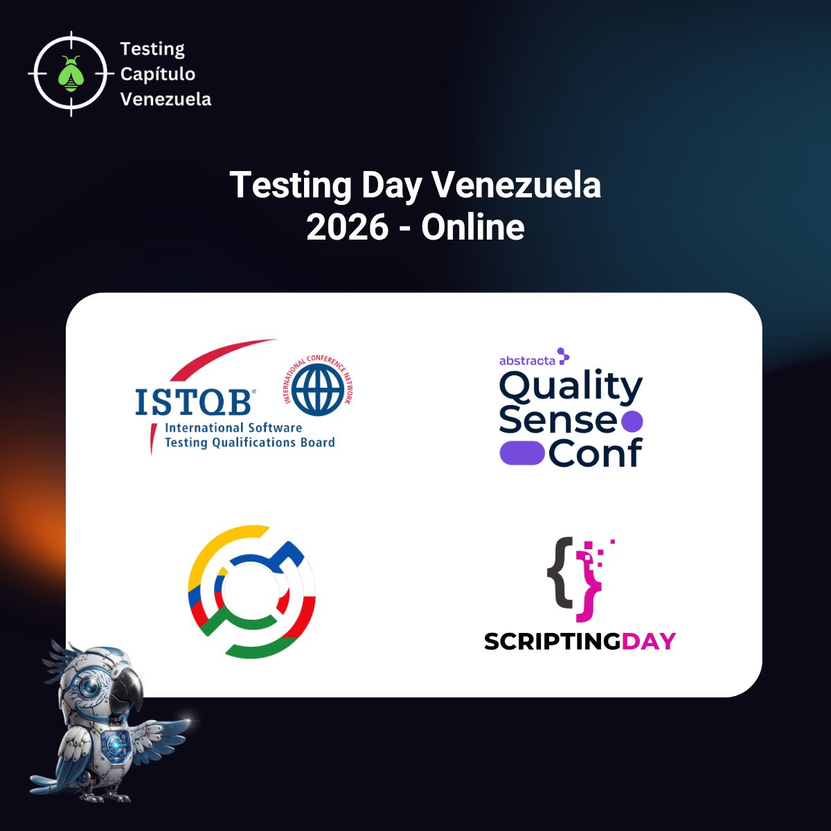 TestingVe's tweet photo. 🚀 Innovation, code &amp; standards at Testing Day Venezuela 2026! 🌐💡

Allied partners:
🔹 @ScriptingDay 
🔹 @ISTQBORG 
🔹 @QualitySenseC
🔹 @EPAMSystems  (QA Hub)

Want to join our allied network? DM us 📩
🗓️ Nov 24–28 | Online
🎟️ https://t.co/f6UpF1IGar

#TestingDayVe #TestingDay https://t.co/kOsUKHJXNw