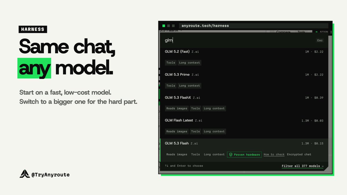 TryAnyroute's tweet photo. A useful Harness habit is to start with a fast, low-cost model, then switch to a larger one when the task gets difficult.

You stay in the same chat with one key and one balance, while every reply shows its cost.

https://t.co/QUPuNyDc3c https://t.co/r7UE9U8Uzr