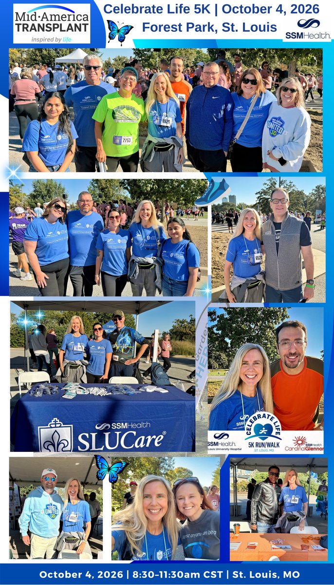 KristaLentine's tweet photo. 🌅 A beautiful morning of community, gratitude, and hope at the 2026 #MidAmericaTransplant #CelebrateLife5K!  💫
 
 🦋  Wonderful to join our @SSMHealthSTL-#SLUTransplant team and the broader #StLouis transplant community for this special annual event.
 
 👟 Together with #DonorFamilies, #Transplant recipients, #LivingDonors, and community members, we celebrated life while honoring the extraordinary generosity that makes organ and tissue transplantation possible.
 
 🤝🏽 We are grateful to Mid-America Transplant for bringing our community together and for its tremendous partnership and commitment to #OrganDonation, #Transplantation, education, #community➕ the #GiftOfLife. 💙💚 @AbualrubFadee @drrushdafaruk @nkf  🧡
 
 🤲🏽 Thank You to our teams across @SSMHealth➕ @cardinalglennon for embracing every day with such dedication. A wonderful reminder of what generosity, partnership, and community can achieve. 🦋
 
 💐 CelebrateLife5K #MidAmericaTransplant #SLUTransplant #SSMHealth #OrganDonation #Transplantation #DonateLife #GiftOfLife #StLouis 💙💚
