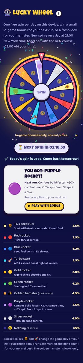 HamsterRocketX's tweet photo. Purple rocket charges combos faster. Spin the daily lucky wheel then climb Stack free tonight. https://t.co/goiKgnOcTM CA 5sb9aaWJvrpUWhhkHt3yqv4LAeXuUpU4MqWCbQoMpump @pumpdotfun #HamsterRocket #memecoin #Solana https://t.co/xO6G4qioMH