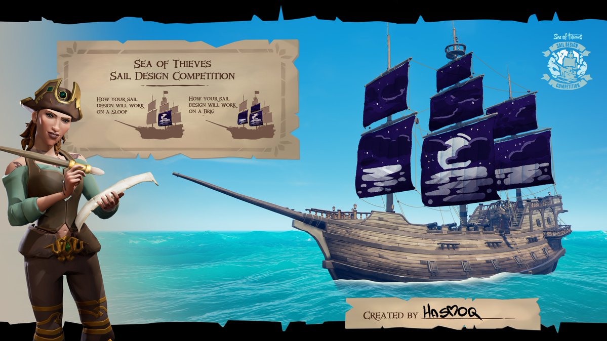 hasmoq's tweet photo. First test sketch for #SoTSailDesignComp ! 
A rough idea I quite liked, the game is missing a "moon sail"! So why not add one that billows in the wind under a starry sky and glows while sailing?  
#SeaOfThieves #Art #BeMorePirate https://t.co/TGVfX7DxZk