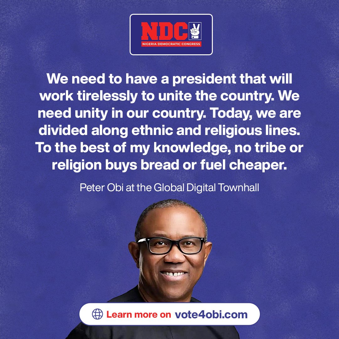 Vote4OK2027's tweet photo. Division has never made anything cheaper. Unity can.

What Nigeria needs is a president who will work tirelessly to unite us.

👉 Who is your neighbour from another tribe or faith? Tag them and ask them to join your 20.

Register here at: https://t.co/B8S1cODhAd

#NDC #Vote4Obi #OneNigeria #MyTwentyVotersForObiKwankwaso
