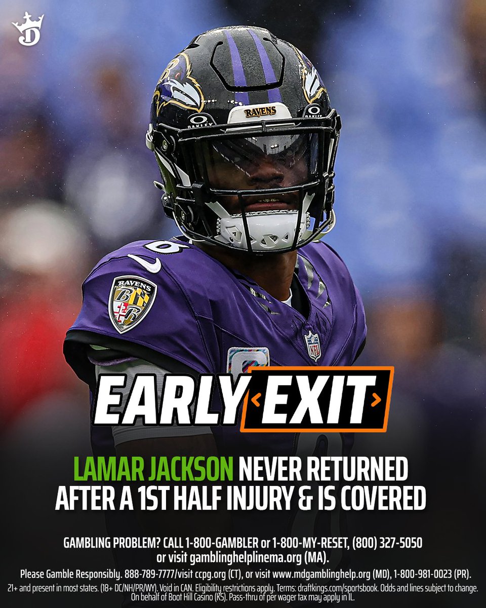 DKSports's tweet photo. Ravens QB Lamar Jackson was injured in the 1st half and never returned to the game.

Jackson WILL be covered by Early Exit ✅

We got you 🤝 https://t.co/ksh5wSwxED