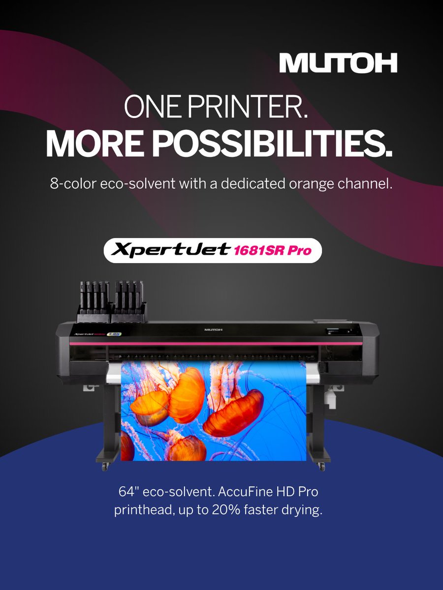 MutohAmerica's tweet photo. The XpertJet 1681SR Pro handles fleet wraps, banners, window graphics, decals and more, powered by 8-color MS41 inks with a dedicated orange channel for deeper reds.
 
→ AccuFine HD Pro: Up to 900 × 1,800 dpi.
→ Front dryer: Up to 20% faster drying.
→ Smart Take-up: Automatic motor stop.

👉 Schedule a demo or find your nearest dealer at https://t.co/SizViHGEv7.
 
#ecosolventprinte #wideformatprinting #largeformat #digitalprinting