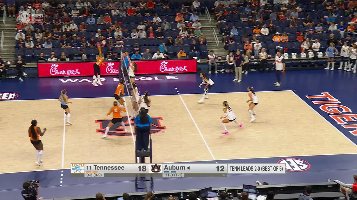 A volleyball game is underway between Tennessee (18) and Auburn (12), with the scoreboard indicating 'TENN LEADS 2-0 (BEST OF 5)' on the SEC Network.