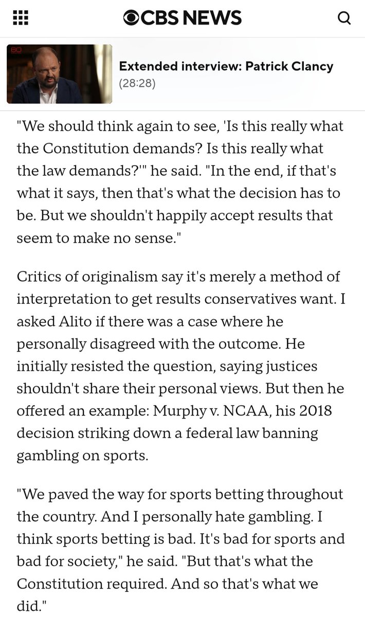 EWess92's tweet photo. @WSJ @JanCBS Alright, this is real news too. Some folks accuse Justice Alito of being results oriented. But one of his most momentous decisions was Murphy v. NCAA, which effectively allowed legalized sports gambling nationwide. He hates gambling. Doesn't like the result. Take note! https://t.co/PWPKZPkOhX