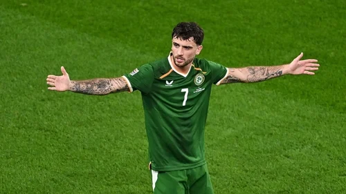 A soccer player wearing the green Ireland national team jersey with the number 7 stands on the pitch with arms outstretched wide.