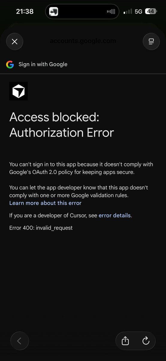 adedxyo's tweet photo. Hi @cursor_ai @spacexai 

I got this error trying to log in to my google account with the Gmail mcp so I could run some automated workflows on mobile

Please fix. Thanks. https://t.co/9IMLc1sjLX