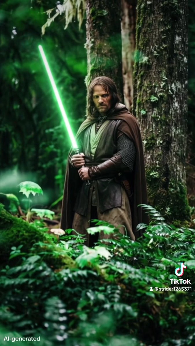A man dressed in Jedi-style brown robes stands in a lush green forest holding an illuminated green lightsaber, with 'AI-generated' text in the corner and a TikTok watermark '@strider1265371'.