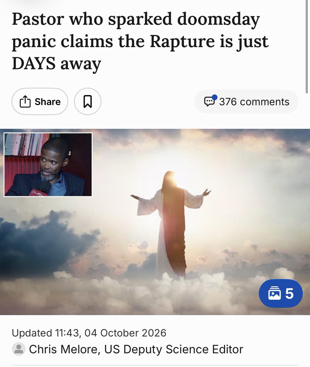 KarluskaP's tweet photo. Pastor Joshua Mhlakela, a South African preacher, recently said he has calculated the exact time of the biblical event in which believers are lifted into the clouds to meet Jesus Christ, claiming that it will happen between October 12 and 13.

https://t.co/jQ0kl5zBfZ https://t.co/Y51Zvxu0wD