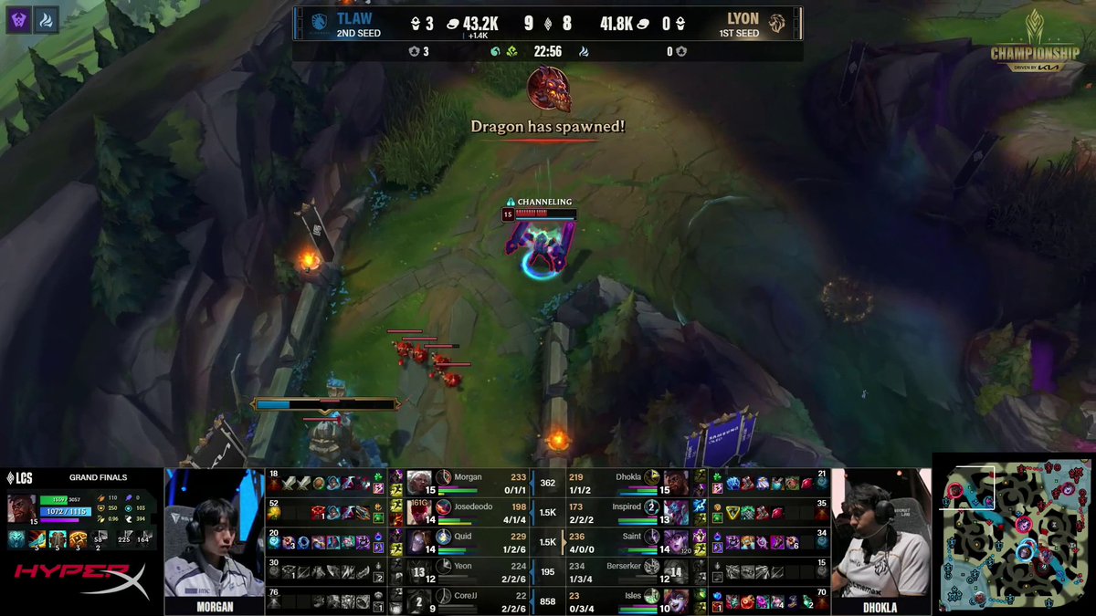 This is a screenshot from a League of Legends match in the LCS Grand Finals between TLAW (2nd seed) and LYON (1st seed), showing the score tied at 3-3 at 22:56. The context relates to the K'Sante copypasta, a popular League of Legends meme referencing the champion K'Sante released in patch 12.13, often shared as a wall of text about top lane players.