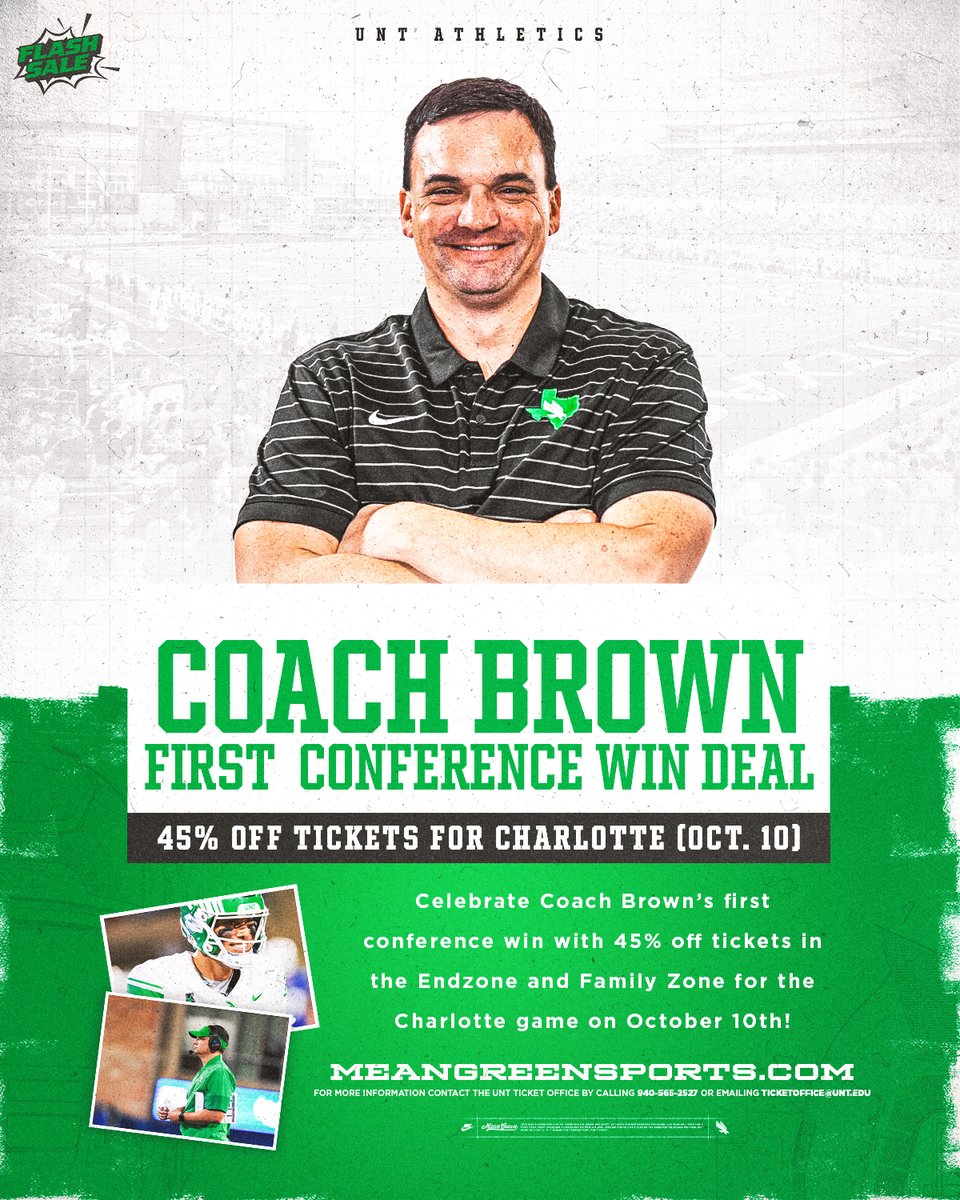 MeanGreenSports's tweet photo. 𝗪𝗘 𝗪𝗜𝗡, 𝗬𝗢𝗨 𝗪𝗜𝗡 🦅

The momentum is rolling, and we’re keeping it going! Join us Saturday, October 10th for Jammin’ at DATCU vs. Charlotte

Celebrate @Coach_NealBrown’s first conference win with us and grab your discounted tickets using the link below! ⬇️

🎟️ https://t.co/kAClNgkF6U

#GMG | #PackTheDAT