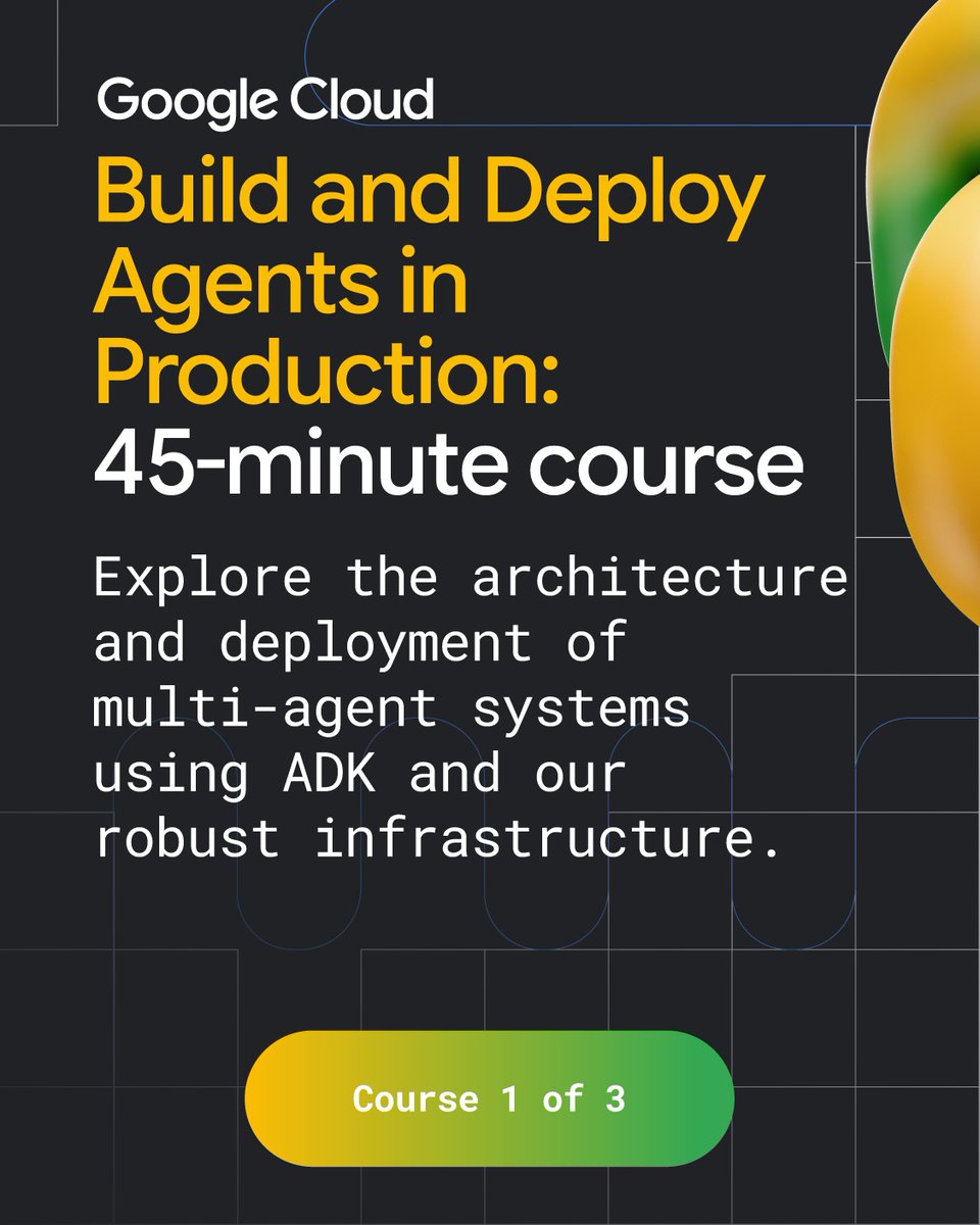 GoogleCloudTech's tweet photo. Take this course to learn to design hierarchical agent trees and deterministic workflow agents while identifying the ideal hosting environment to ensure your AI agents are secure, scalable, and production-ready → https://t.co/oa9efc6urF https://t.co/WF26m2Quka