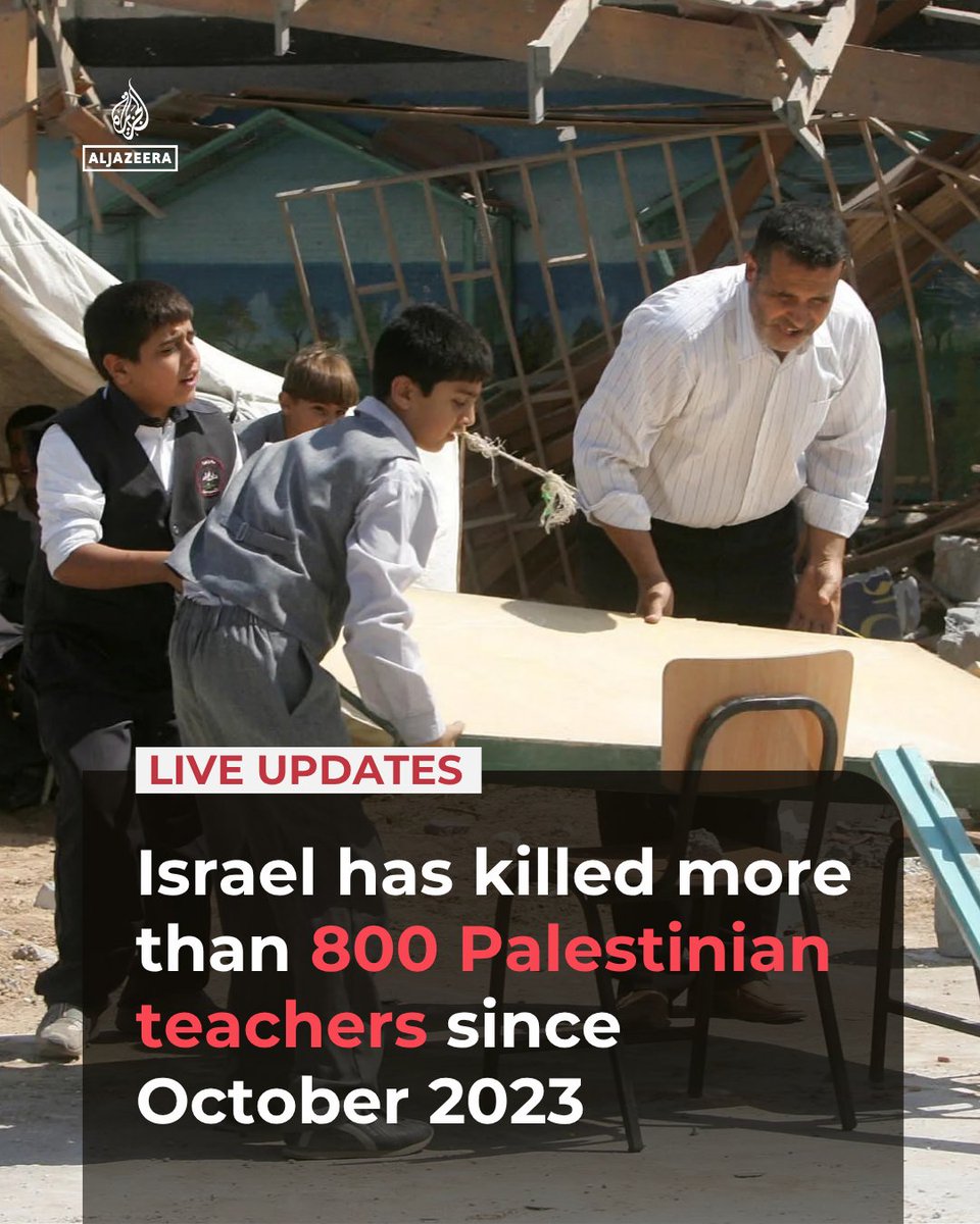 AJEnglish's tweet photo. More than 800 Palestinian teachers have been killed and over 3,300 wounded since Israel’s war on Gaza began in October 2023, the Palestinian Ministry of Education and Higher Education says.

🔴 LIVE updates: https://t.co/HrCht5WdbF https://t.co/Lf0b5rknkk