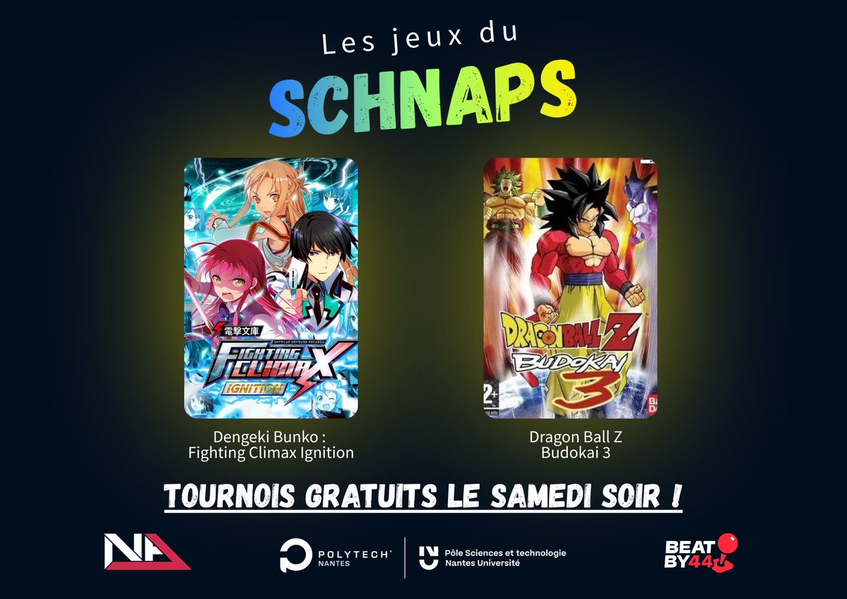 Beatby44's tweet photo. Vous avez voté, le public a tranché ! 🗳️

Voici les 2 jeux retenus pour les tournois Schnaps du samedi 21 ! 

Dengeki Bunko : Fighting Climax Ignition ⚔️

Dragon Ball Z Budokai 3 🐉

Tournois gratuits ! 🏆

⚠️ Places limitées à 16 joueurs ⚠️

Inscriptions ⬇️ https://t.co/STyxQpJFNP