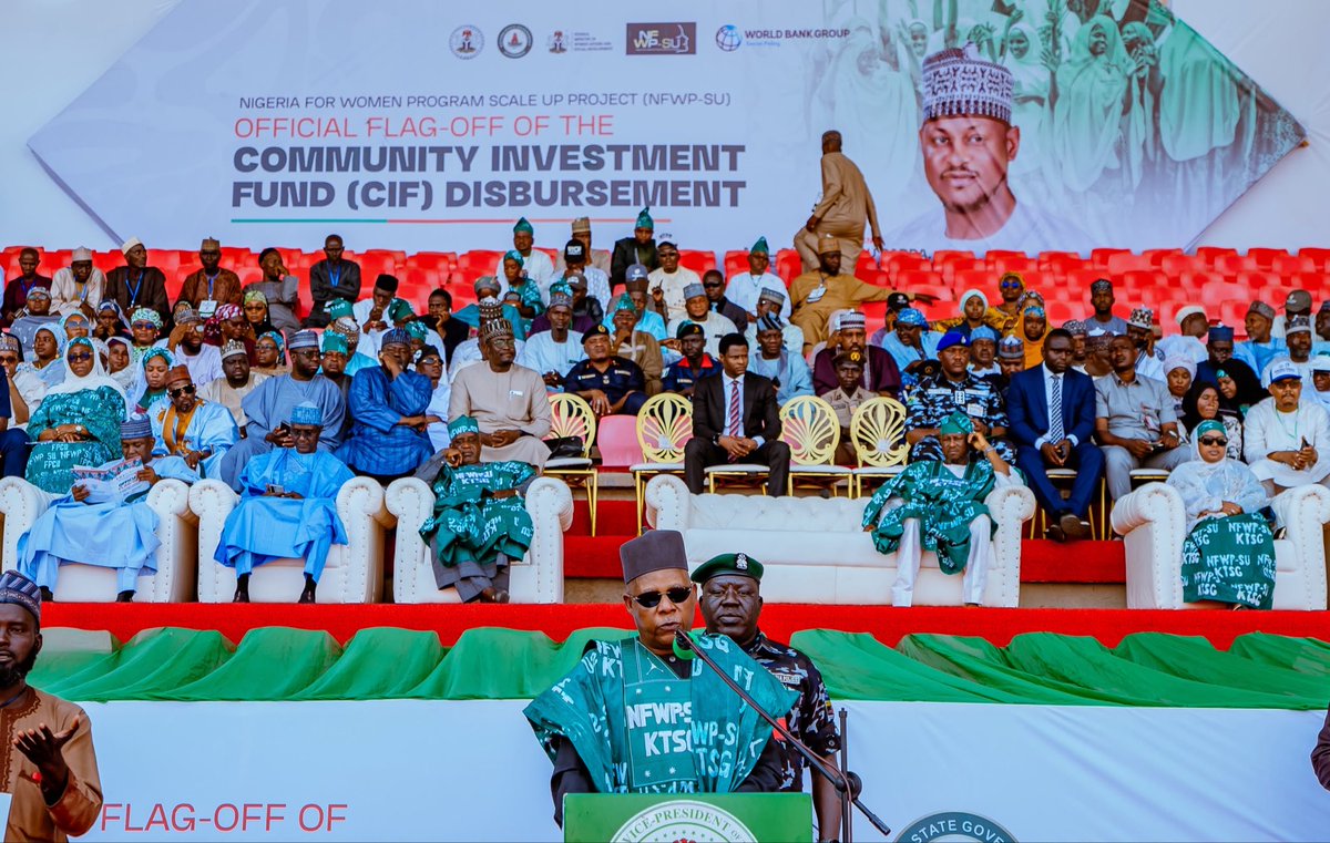 officialSKSM's tweet photo. The Vice President, Senator @KashimSM, has advocated for a conducive business environment for Nigerian women to ply their trade, saying the nation owes them an economy worthy of their labour.

He noted that women should be given more space for their ambition to flourish, unlike in the past when they carried heavy responsibilities with limited resources for their businesses to thrive.

Senator @KashimSM stated this on Sunday in Katsina State when he flagged off the Community Investment Fund (CIF) disbursement in a major push for women’s empowerment and financial inclusion under the Nigeria for Women Programme Scale-Up (NFWP-SU) Project at Muhammadu Dikko Stadium, Katsina.

The Vice President also inaugurated 32 compressed natural gas-powered buses and 200 electric-powered tricycles under the Katsina State Comprehensive Urban Renewal Programme, as well as several completed road projects undertaken by the administration of Governor @dikko_radda to improve traffic flow, connectivity and urban mobility in the state metropolis.