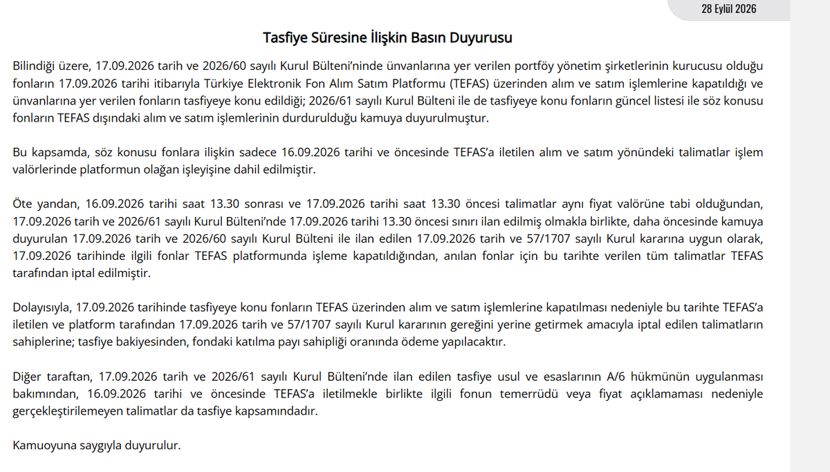 MagdurAvukat's tweet photo. SPK 28 EYLÜL 2026 BASIN DUYURUSUNDA BÜTÜN EMİRLER "iptal" edildi demiyor. 

İki tarihi ve iki sonucu bilerek ayırıyor.

16.09.2026 ve öncesinde TEFAS'a iletilen alım ve satım talimatları, işlem valörlerinde platformun olağan işleyişine dahil edilmiş. Yani bu emirler, fiyatı ve valörü geldiği sürece normal emir gibi işlem görüyor. Bülten, 16.09 13.30 sonrası ile 17.09 13.30 öncesinin aynı fiyat valörüne tabi olduğunu da söylüyor. Dolayısıyla 16.09 akşamı verilen bir emir, ertesi gün 13.30'dan önce verilenle aynı fiyata bağlanıyor.

17.09.2026'da ise 2026/60-61 sayılı bülten ve 57/1707 sayılı Kurul kararıyla bu fonlar TEFAS'ta işleme kapatılmış. O gün platforma iletilen tüm talimatlar, kararın gereğini yerine getirmek için TEFAS tarafından iptal edilmiş. Bültenin "tasfiye bakiyesinden, fondaki katılma payı sahipliği oranında ödeme" dediği yer tam olarak bu grup. Cümle "17.09.2026 tarihinde iletilen ve iptal edilen talimatlar" diyor. "16.09 sonrası" demiyor.

Bu yüzden 16.09 cümlesi, iptal edilen emir sahiplerine boşuna uğraşmayın demek için. TLY'de 16.09 13.30 sonrası emirlerin %99 u fiyat açıklanmadığı için reddedilmiş. Onlar zaten gerçekleşmemiş. Ama DOH ve THF gibi fiyata kavuşan fonlarda TEFAS emri çoğu kişide reddetmemiş bu açıklamaya göre reddedilmeyen TEFAS tarafından işleme alınan emirler geçerli ki bunlar zaten PBLK. Fiyat açıklandığı ve emir platformda durduğu için o talimat geçerli kalıyor. Bülten bunu ayrıca A/6'da da ayırıyor. 16.09 ve öncesinde iletilip temerrüt ya da fiyat açıklanmaması yüzünden gerçekleştirilemeyen talimatlar tasfiye kapsamında. Tersi de buradan çıkıyor. Fiyatı açıklanıp gerçekleştirilebilenler tasfiye bakiyesine düşmüyor.

BURADA TLY İÇİN BİR FİYAT AÇIKLANMASI GEREKİYOR ÇÜNKÜ FİYATI AÇIKLANMAYAN EMİRLER REDDİLMİŞ OLSAYDI BUNLAR SRB'DEN PBLK ya dönmezdi hepsi reddedilip SRB olurdu

Kısaca SPK, 16.09 13.30 sonrası ile 17.09 öncesi verilen ve fiyatıyla eşleşen emirleri geçerli kabul etmiş. TEFAS'ın reddettiği ya da 17.09'da iptal ettiği talimatları ise tasfiyeye bırakmış. "Reddedildiyse hakkını arama" kısmı ayrı bir itiraz. Bültenin tarih ayrımı bunu söylüyor.

BOŞUNA ORADA HEM 16.09 HEM 17.09 İFADELERİ KULLANILMADI 

EĞER 16.09 SONRASI TALİMATLARIN TAMAMI REDDEDİLMİŞ VE İPTAL EDİLMİŞ OLSAYDI DOĞRUDAN TEK BİR TARİH VERİP BUNU YAZARDI

#Thfaraödemeleribekliyor 
#Thfhızlıödemebekliyor 
#thf 
#Doh
 #TLYfiyatAcıklansın 
#TLYFİYATAÇIKLA 
#TLY 
#TeraVeHisseMağdurları 
#TeraHisseMağdurları 
#TMVGündemeGelsin 
#TMVBlokeKalksın 
 #TMV 
#TMVfonmagdurlarınıduyun  
#TMVParamızNerede