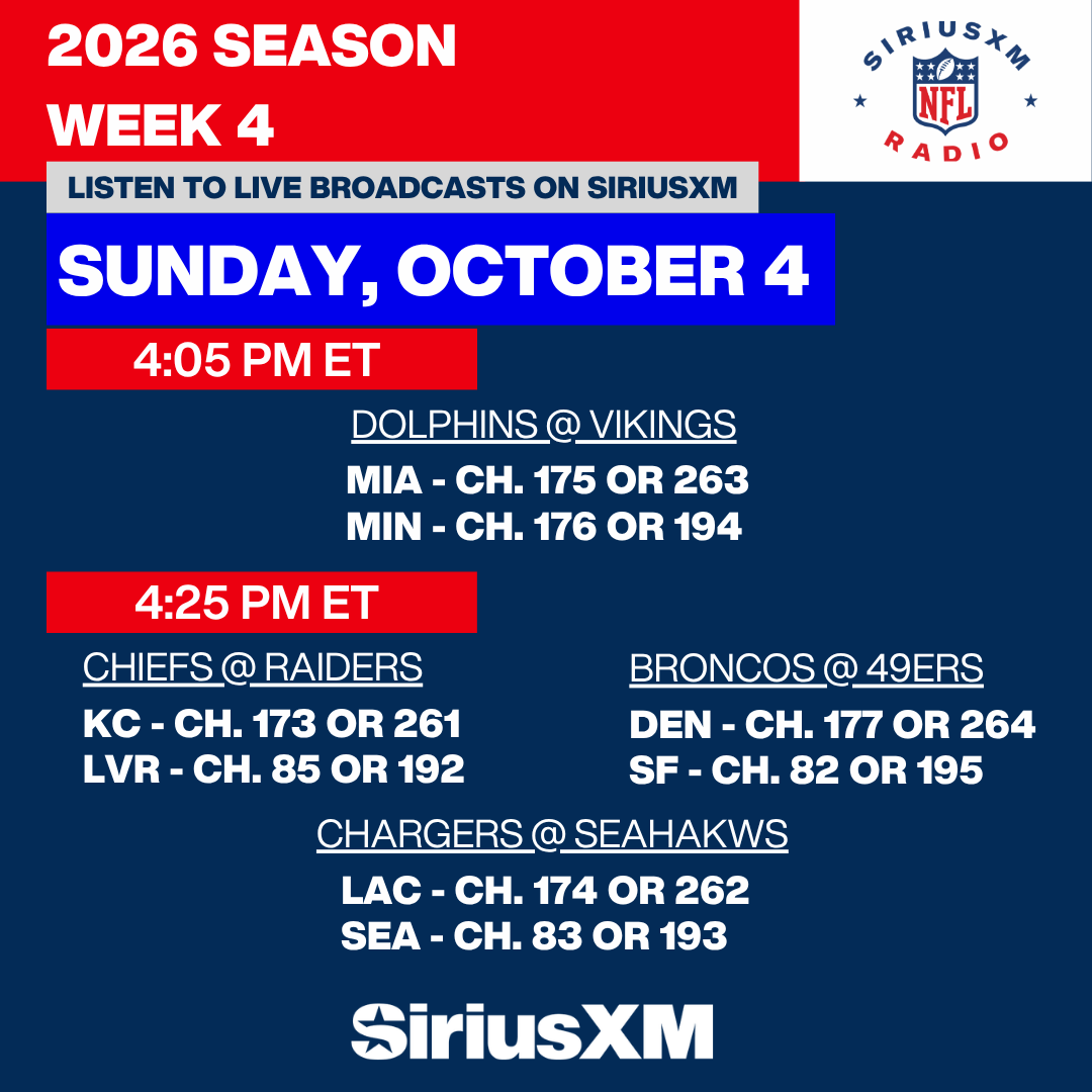 SiriusXMNFL's tweet photo. Week 4⃣ continues on @SiriusXM 🎧

LIVE play-by-play of EVERY key moment of EVERY game with your hometown announcers.  Search for your team on the SiriusXM app 📱

🏈 THE SUNDAY DRIVE
⏰ 4-8 PM ET
🎙️ @JudgeTorre &amp; @BillLekas 
📻 @SiriusXMNFL CHANNEL 88
🔗 https://t.co/lsCmVCXbUu https://t.co/78cwDRmVsT