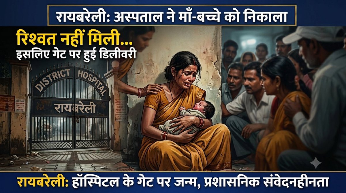 Maharashtra901's tweet photo. उत्तर प्रदेश के रायबरेली से एक गंभीर मामला सामने आया है, जहाँ रिश्वत न दे पाने के कारण एक गर्भवती महिला को अस्पताल से बाहर निकाल दिया गया। इसके बाद महिला को मजबूरन अस्पताल के मुख्य गेट पर ही बच्चे को जन्म देना पड़ा।

इस घटना का वीडियो सोशल मीडिया पर साझा करते हुए यूपी कांग्रेस (UP Congress) ने राज्य की भाजपा सरकार पर जोरदार हमला बोला है। कांग्रेस ने आरोप लगाया कि यह घटना प्रदेश की बदहाल स्वास्थ्य व्यवस्था और प्रशासनिक लापरवाही का जीवंत प्रमाण है। उन्होंने कहा कि एक तरफ विश्वस्तरीय स्वास्थ्य सुविधाओं के बड़े-बड़े दावे किए जा रहे हैं, वहीं दूसरी ओर धरातल पर गरीब जनता मूलभूत इलाज और सुविधाओं के लिए तरस रही है।

https://t.co/Yousi7Fo1g

https://t.co/Ej5RJNMqSQ

https://t.co/cJ3VQJJRaj

https://t.co/frG4849N3A